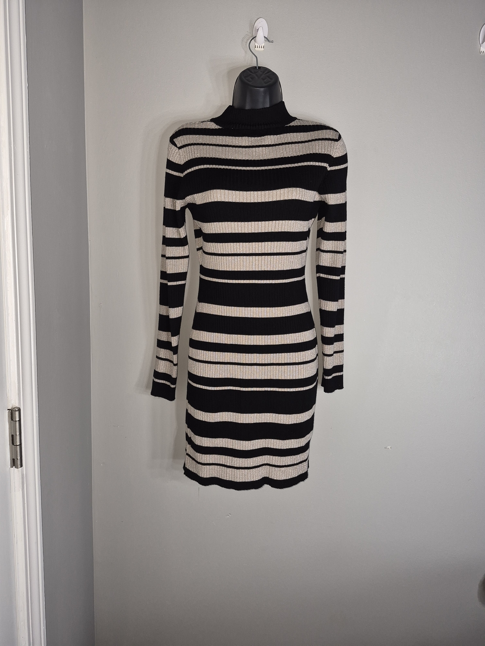 Ribbed Striped Midi Dress - Black and Cream